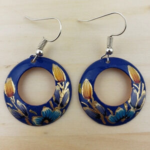 HANDMADE Dangle Earrings Mexican Copper Hand Painted Dark Blue Floral Multicolor